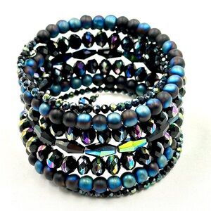 Black memory wire bracelet, beaded wire bracelet, mermaid bracelet, iridescent
